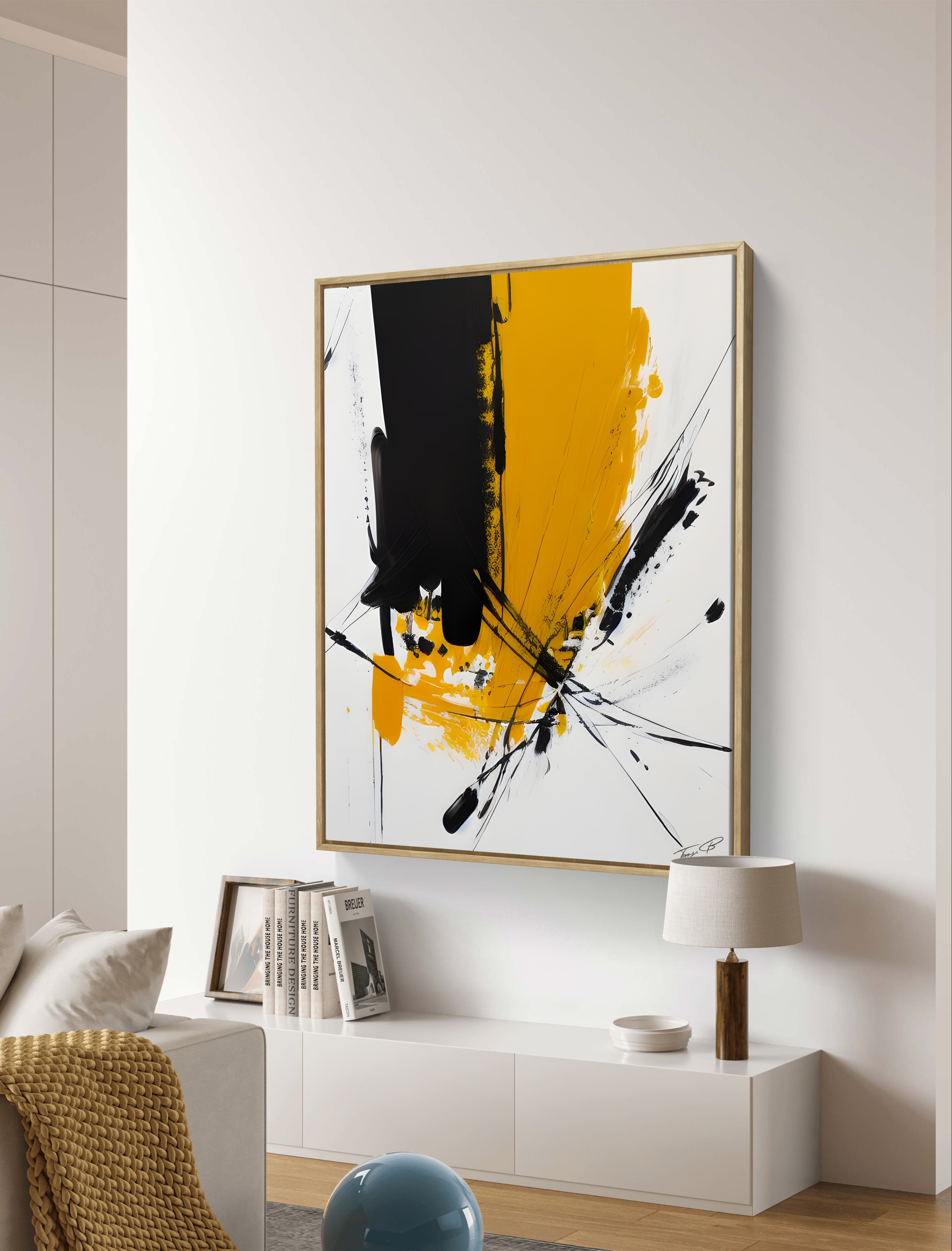 Yellow and black abstract art painting